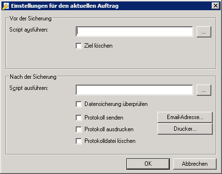 Einrichtung Website Backup zusätzliche Optionen