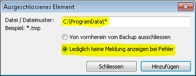 Windows-Systemordner sind häufig vor Zugriff geschützt. Kein Datensicherungsprogramm kann diese Dateien sichern, was in der Folge Fehlermeldugnen generiert. Hier zeigen wir Ihnen, wie sie diese mit Langmeier Backup unterdrücken können.