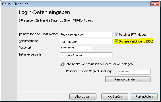 Langmeier Backup también realiza su copia de seguridad FTP a través de una conexión segura SSL si lo desea. Puede encontrar los detalles en este artículo