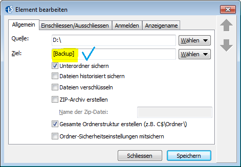 So füllen Sie das Sicherungs-Ziel in Langmeier Backup korrekt aus.